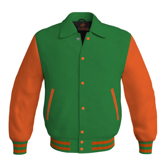 Letterman Varsity Classic Jacket Green Body and Orange Leather Sleeves