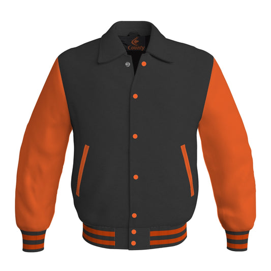 Letterman Varsity Classic Jacket Black Body and Orange Leather Sleeves