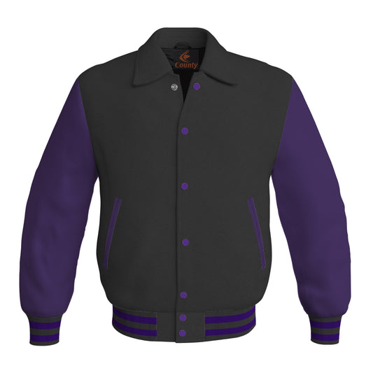 Letterman Varsity Classic Jacket Black Body and Purple Leather Sleeves