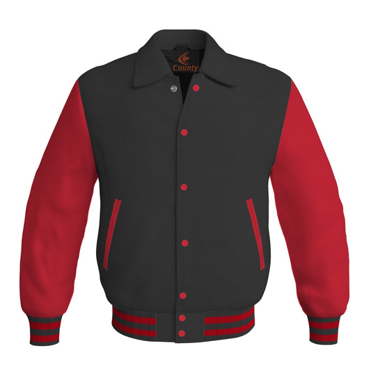 Letterman Varsity Classic Jacket Black Body and Red Leather Sleeves