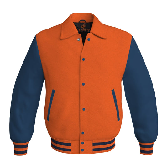 Letterman Varsity Classic Jacket Orange Body and Navy Blue Leather Sleeves