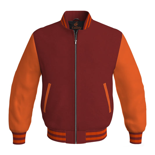 Luxury Maroon Body and Orange Leather Sleeves Bomber Varsity Jacket