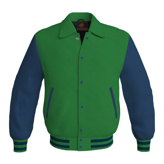 Letterman Varsity Classic Jacket Green Body and Navy Blue Leather Sleeves