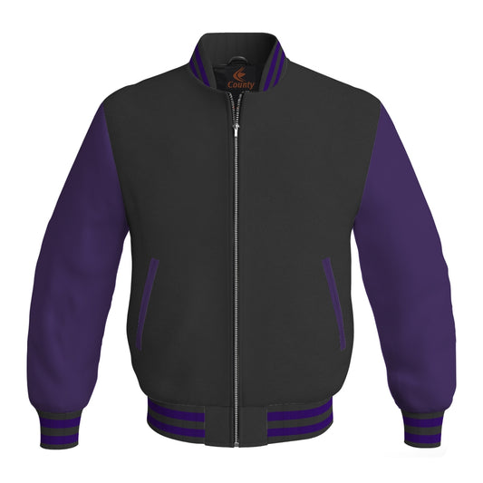 Luxury Black Body and Purple Leather Sleeves Bomber Varsity Jacket