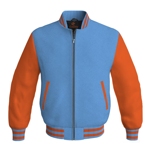 Luxury Sky Blue Body and Orange Leather Sleeves Bomber Varsity Jacket