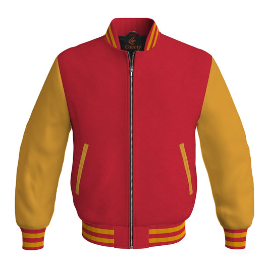 Luxury Red Body and Gold Leather Sleeves Bomber Varsity Jacket