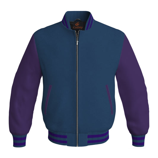 Luxury Navy Blue Body and Purple Leather Sleeves Bomber Varsity Jacket