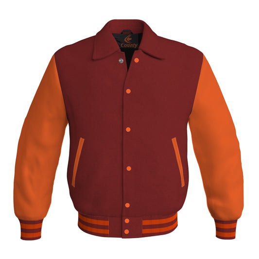 Letterman Varsity Classic Jacket Maroon Body and Orange Leather Sleeves
