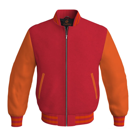Luxury Red Body and Orange Leather Sleeves Bomber Varsity Jacket