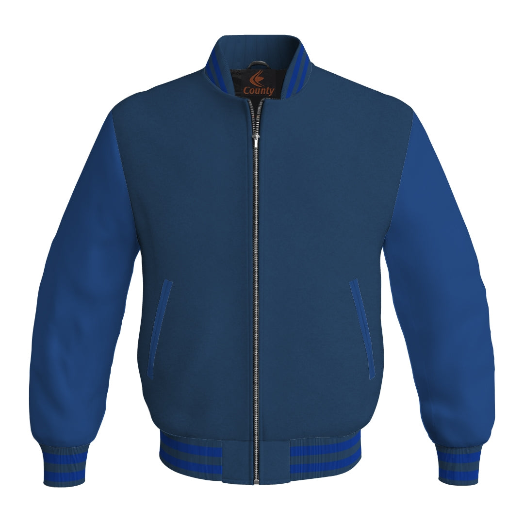 Team Varsity Jackets Navy Blue Body and Blue Leather Sleeves Bomber Jacket