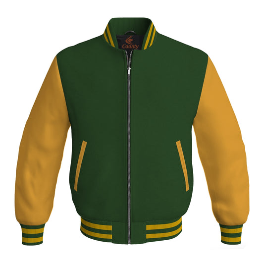 Luxury Forest Green Body and Gold Leather Sleeves Bomber Varsity Jacket