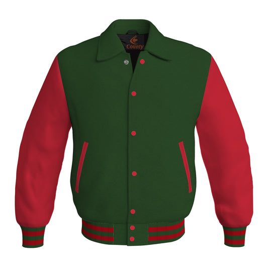 Letterman Varsity Classic Jacket Forest Green Body and Red Leather Sleeves