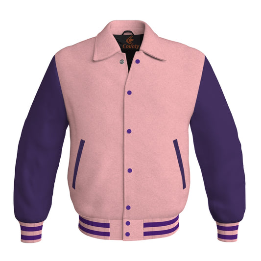 Letterman Varsity Classic Jacket Pink Body and Purple Leather Sleeves