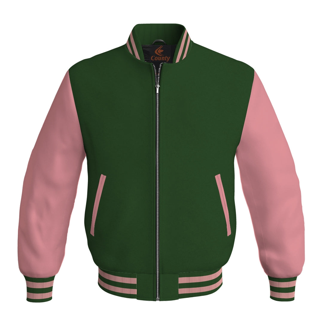 Mens Letterman Jacket Forest Green Body and Pink Leather Sleeves Bomber Jacket