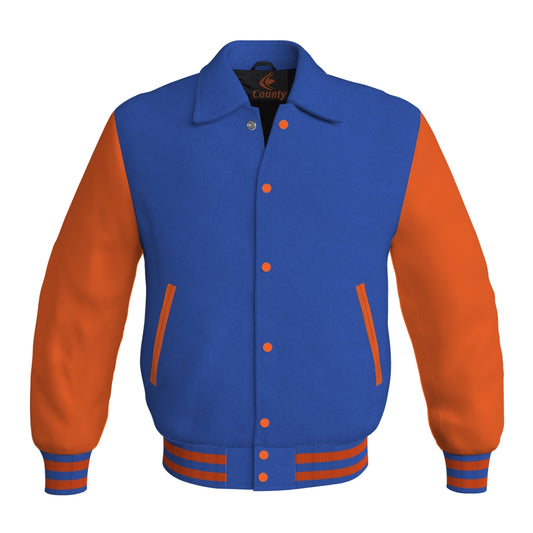 Letterman Varsity Classic Jacket Blue Body and Orange Leather Sleeves
