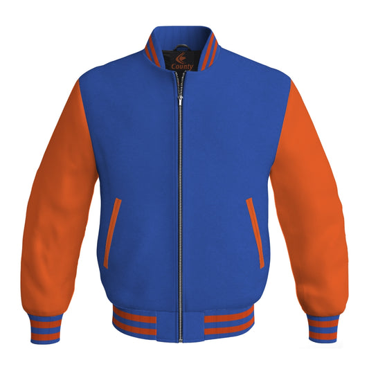 Luxury Blue Body and Orange Leather Sleeves Bomber Varsity Jacket