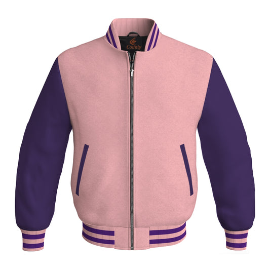 Luxury Pink Body and Purple Leather Sleeves Bomber Varsity Jacket