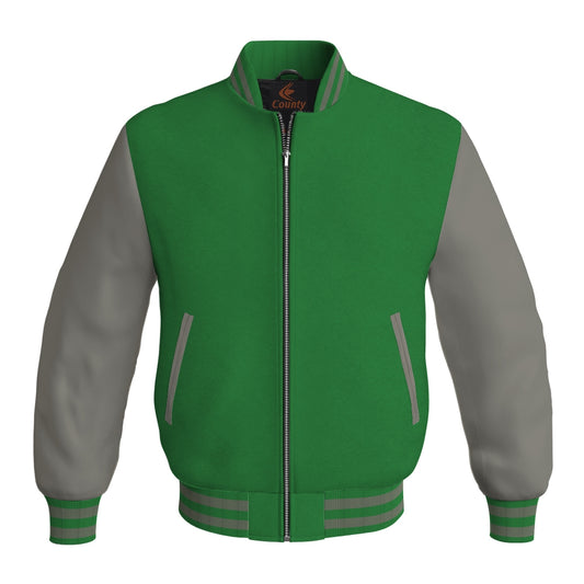 Luxury Green Body and Gray Leather Sleeves Bomber Varsity Jacket