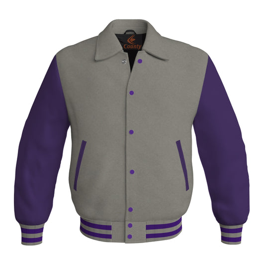 Letterman Varsity Classic Jacket Gray Body and Purple Leather Sleeves