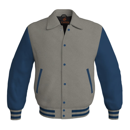 Letterman Varsity Classic Jacket Gray Body and Navy Blue Leather Sleeves