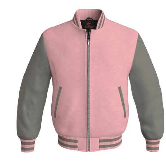 Luxury Pink Body and Gray Leather Sleeves Bomber Varsity Jacket