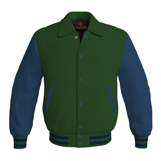 Letterman Varsity Classic Jacket Forest Green Body and Navy Blue Leather Sleeves