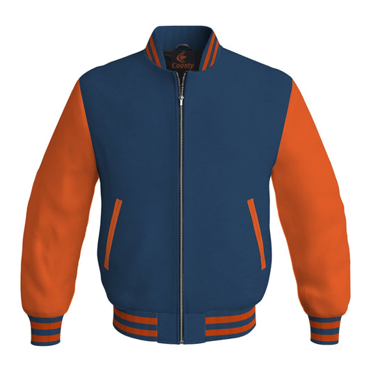 Luxury Navy Blue Body and Orange Leather Sleeves Bomber Varsity Jacket