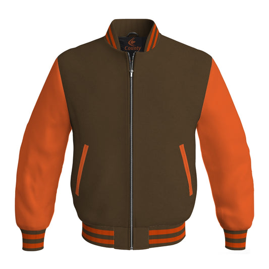 Luxury Brown Body and Orange Leather Sleeves Bomber Varsity Jacket