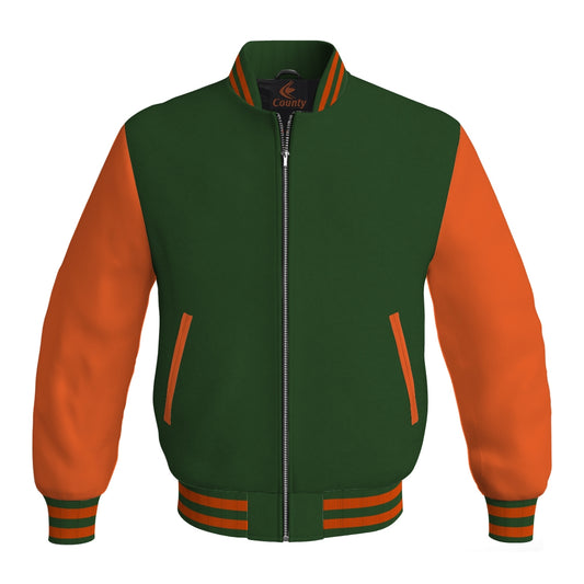 Luxury Forest Green Body and Orange Leather Sleeves Bomber Varsity Jacket