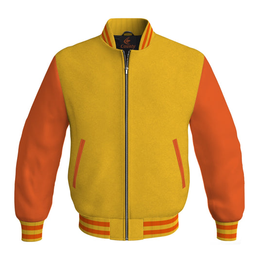 Luxury Yellow/Gold Body and Orange Leather Sleeves Bomber Varsity Jacket