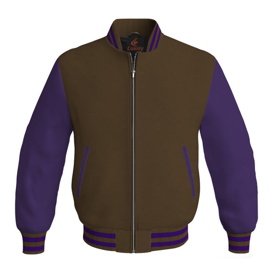 Luxury Brown Body and Purple Leather Sleeves Bomber Varsity Jacket