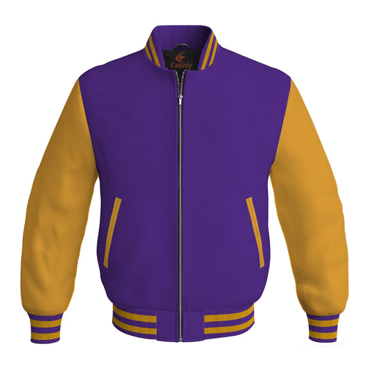 Luxury Purple Body and Gold Leather Sleeves Bomber Varsity Jacket
