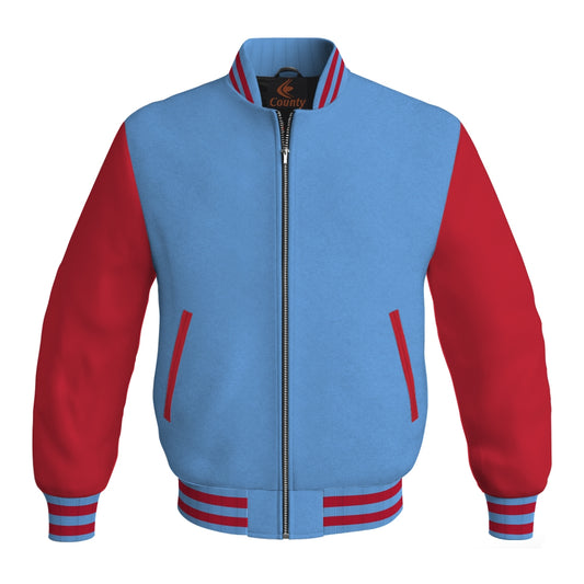 Luxury Sky Blue Body and Red Leather Sleeves Bomber Varsity Jacket