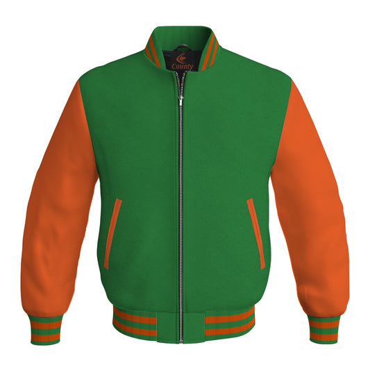 Luxury Green Body and Orange Leather Sleeves Bomber Varsity Jacket