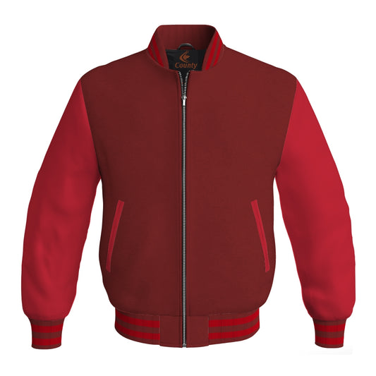 Luxury Maroon Body and Red Leather Sleeves Bomber Varsity Jacket