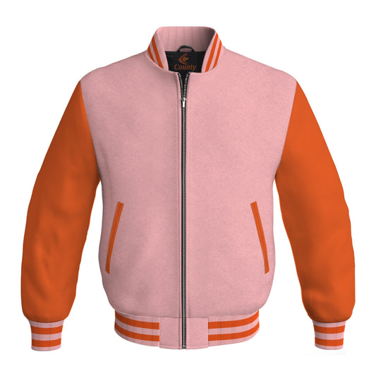 Luxury Pink Body and Orange Leather Sleeves Bomber Varsity Jacket