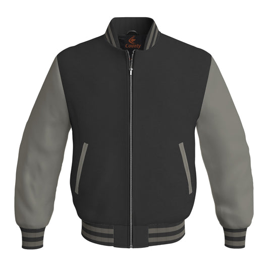 Luxury Black Body and Gray Leather Sleeves Bomber Varsity Jacket