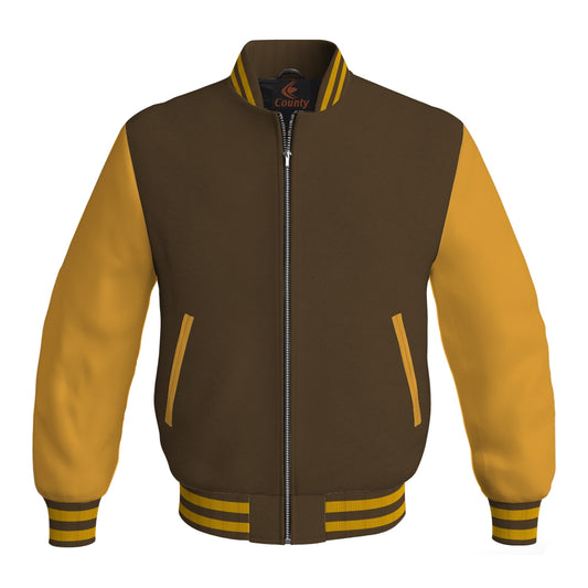 Luxury Brown Body and Gold Leather Sleeves Bomber Varsity Jacket