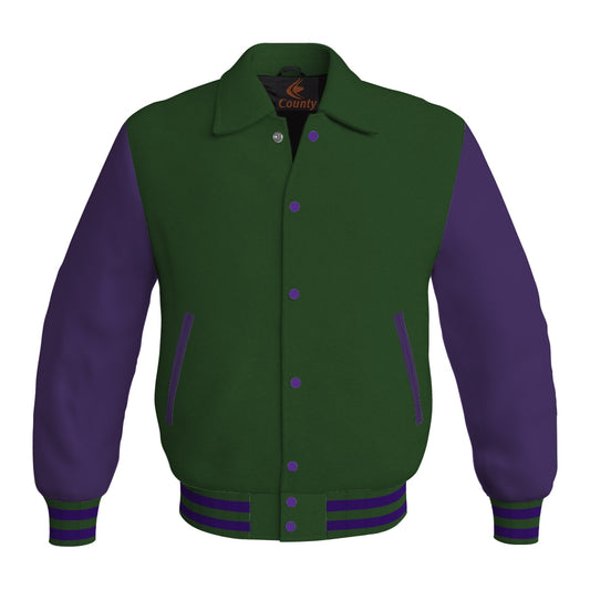 Letterman Varsity Classic Jacket Forest Green Body and Purple Leather Sleeves