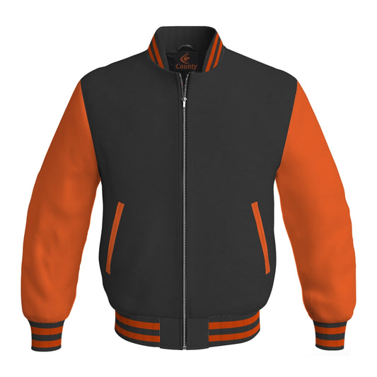Luxury Black Body and Orange Leather Sleeves Bomber Varsity Jacket