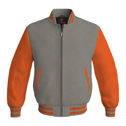 Luxury Gray Body and Orange Leather Sleeves Bomber Varsity Jacket