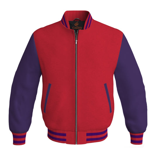 Luxury Red Body and Purple Leather Sleeves Bomber Varsity Jacket