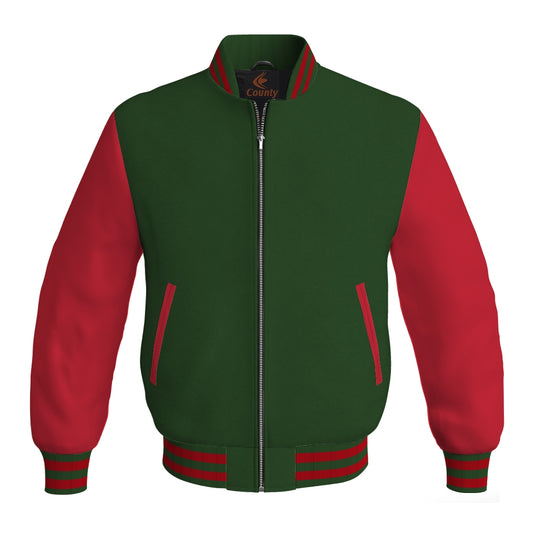Luxury Forest Green Body and Red Leather Sleeves Bomber Varsity Jacket