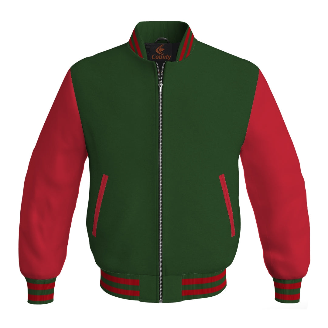 Luxury Forest Green Body and Red Leather Sleeves Bomber Varsity Jacket