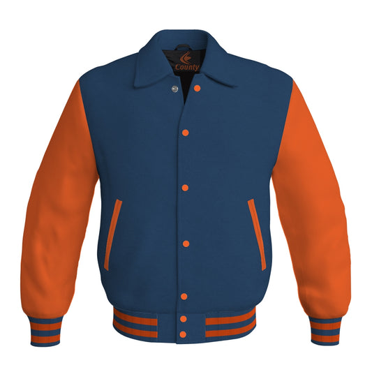 Letterman Varsity Classic Jacket Navy Blue Body and Orange Leather Sleeves