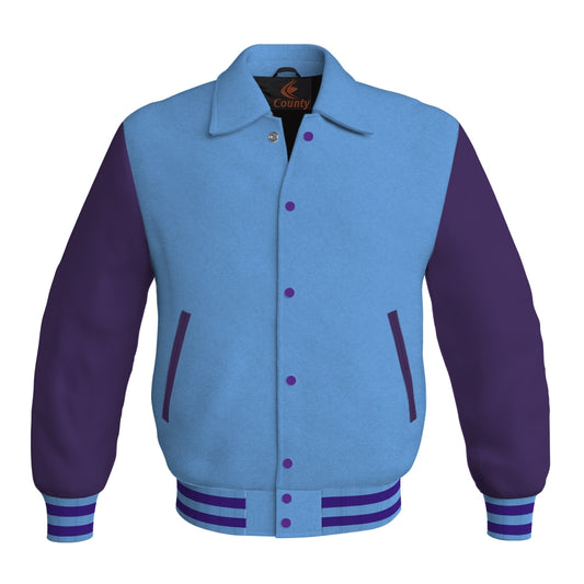 Letterman Varsity Classic Jacket Sky Blue Body and Purple Leather Sleeves