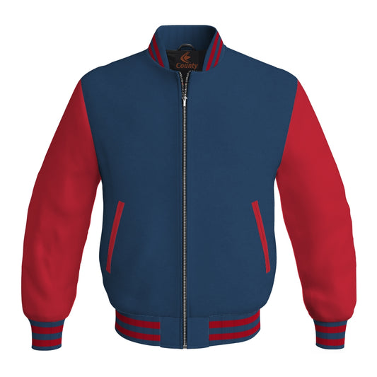 Luxury Navy Blue Body and Red Leather Sleeves Bomber Varsity Jacket