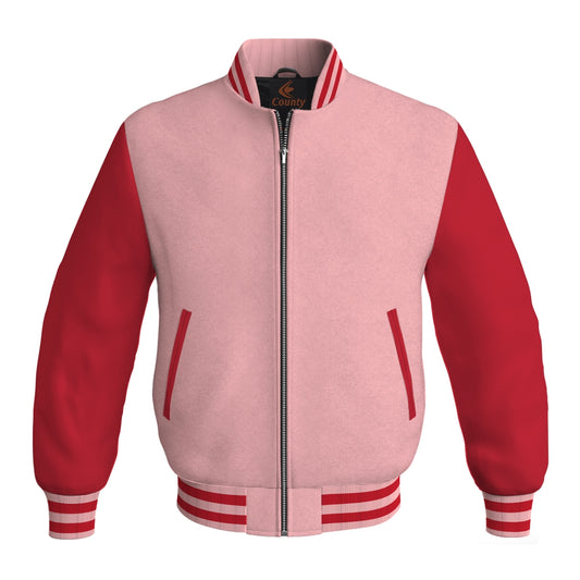 Luxury Pink Body and Red Leather Sleeves Bomber Varsity Jacket