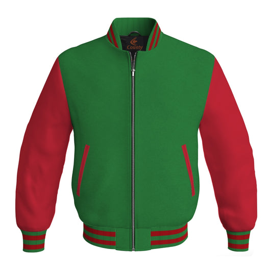 Luxury Green Body and Red Leather Sleeves Bomber Varsity Jacket