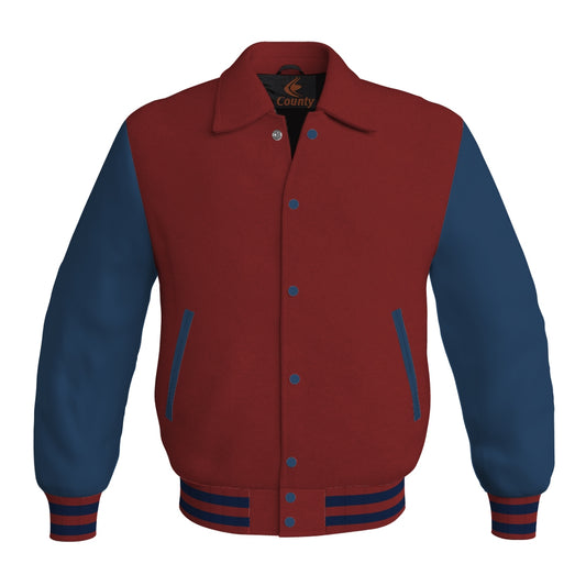 Letterman Varsity Classic Jacket Maroon Body and Navy Blue Leather Sleeves